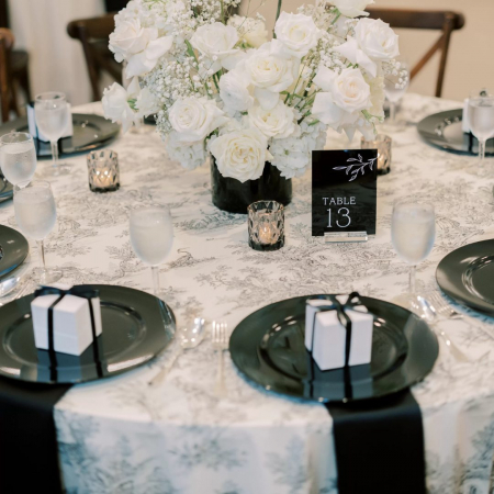 Black Toile + Black Lamour Napkins + Black Acrylic Charger - House of Hough