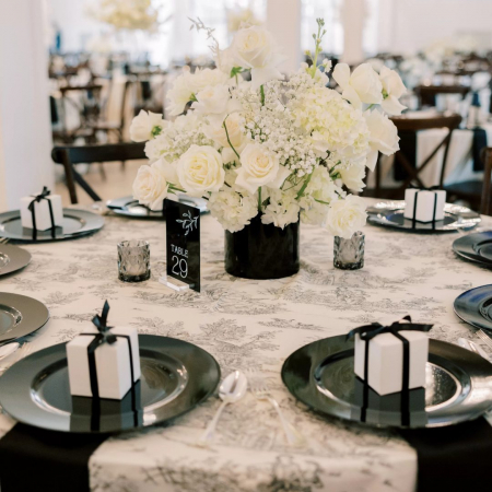 Black Toile + Black Lamour Napkins + Black Acrylic Charger - House of Hough