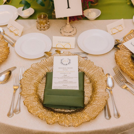 Ivory Beacon Bubblie + Moss Green Lamour Napkins + Gold Leaf Charger - House of Hough